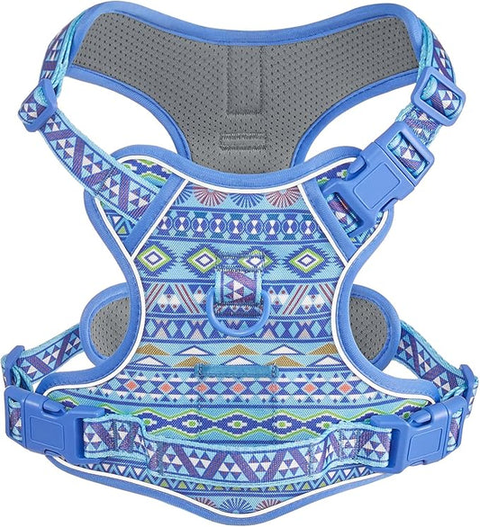 Dog Harness for Medium Large Dogs, No Pull Pet Harness with 2 Leash Clips, Adjustable Soft Padded Dog Vest, Reflective Pet Oxford Vest with Easy Control Handle, Blue Ethnic M