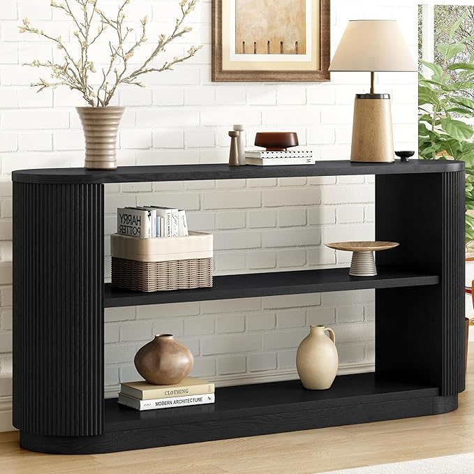 Modern Curved Console Table 59-Inch Oval Fluted Entry Sofa Table with Open Storage Shelves for Living Room Entryway Hallway Furniture, Black