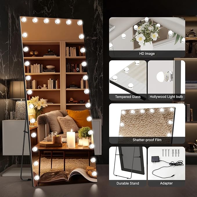 Kosmonia 82x36 Hollywood Full Length Mirror with Light, 28 Dimmable Bulbs & 3 Color Smart Touch Control, Distortion Free, Tempered Glass & Shatter Proof Film, Safe Full Body Mirrors with Stand