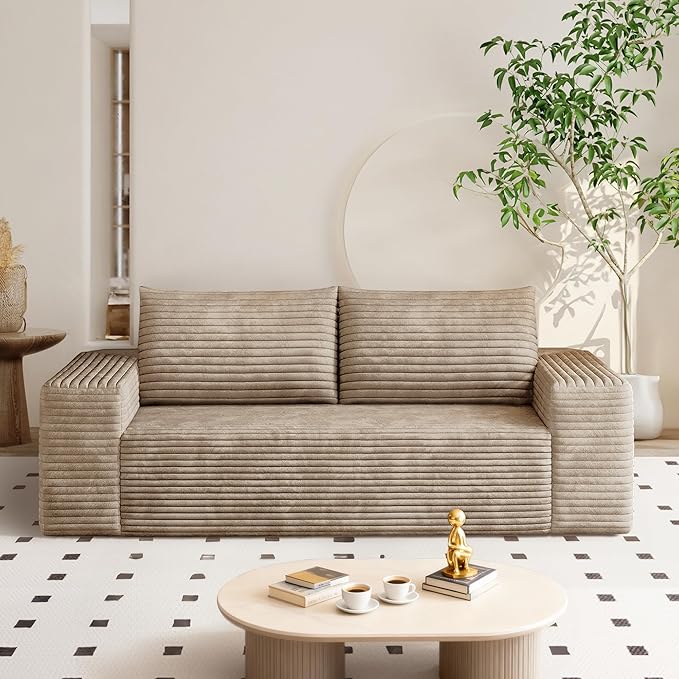 71" Corduroy Loveseat Sofa, 3-Seater Cloud Couch, Boneless Couch in a Box, Comfy Deep Seat Sofa with Memory Foam, Pillows and Wide Armrests, Modern Small Couches for Small Spaces, No Assembly (Camel)