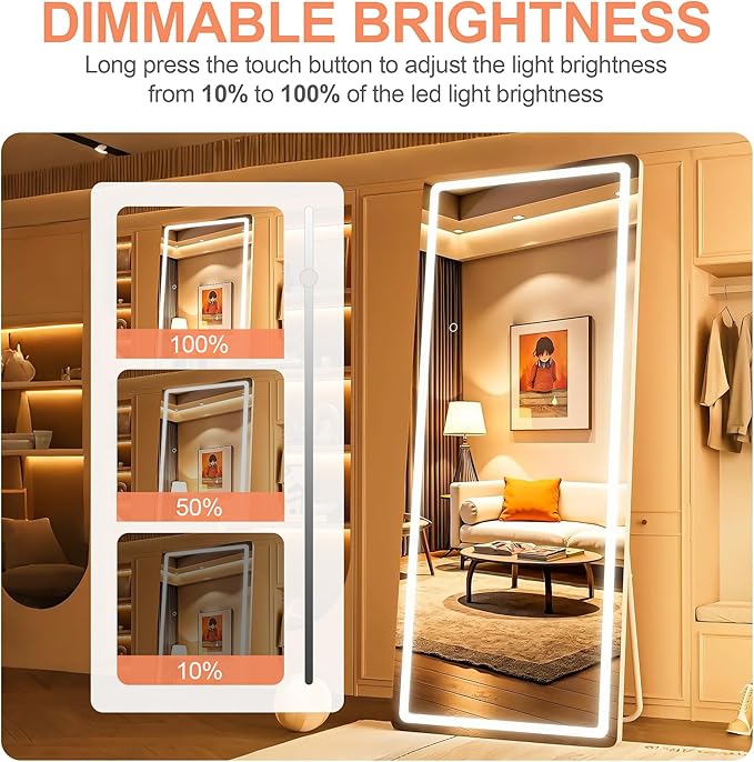 Full Length Mirror with Lights, 56" x 15.8" LED Lighted Floor Standing Mirror, Tempered Glass, White
