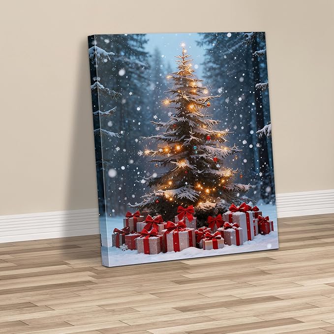 Framed Christmas Pictures Wall Decor,Vintage Pine Tree Prints,Winter Christmas Canvas Wall Art Decoration for Bedroom Bathroom Living Room Rustic Xmas Holiday Gifts (Christmas Tree 14, 24'' X 36'')