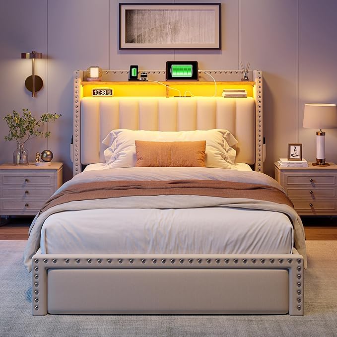 EnHomee Twin Size Bed Frame with One Large Storage Headboard & Charging Station, LED Platform Bed Frame with Storage Drawers, Sturdy Wooden Slats Support, Noise-Free, No Box Spring Needed, Beige