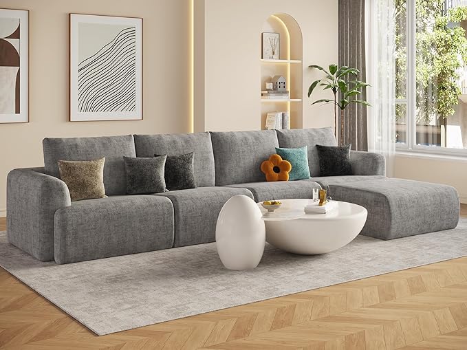 EASE MOOSE Cloud Couch Sectional Sofa, Large L-Shaped Oversized Modular Couch for Living Room, Minimalist Boneless Couches with Ottoman, 5-Seat Deep Sofas for Bedroom, Chenille (Light Grey)