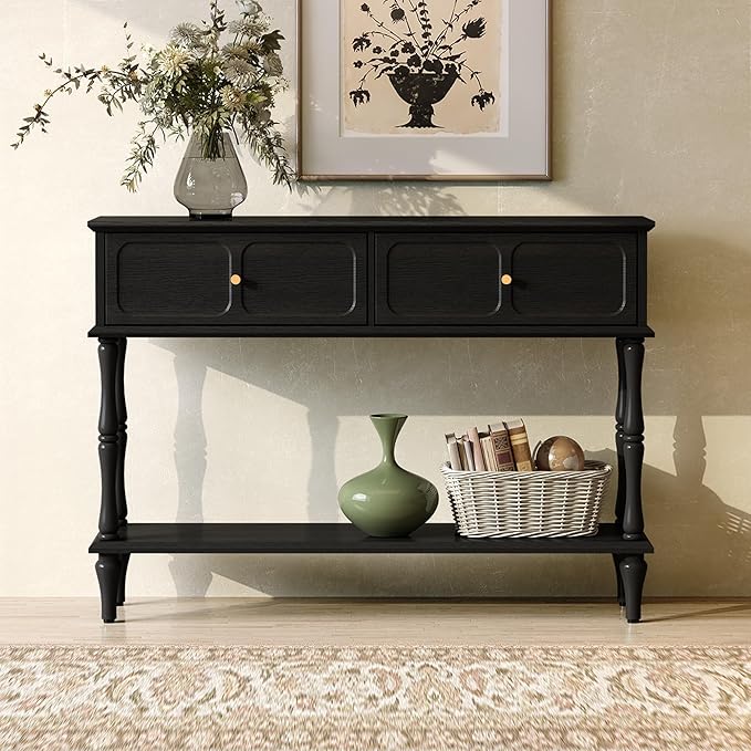 ARTPOWER Mid-Century Console Table for Entryway with 2 Drawers, Black Retro Entryway Table with Storage Cabinets and Open Shelf, Narrow Long Couch Table Behind Sofa for Living Room, Foyer, Hallway