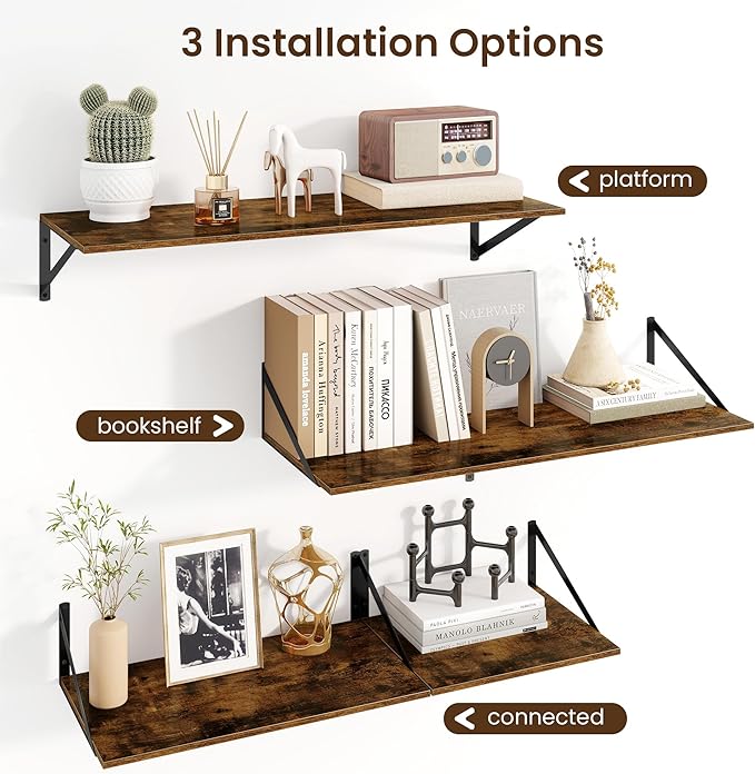 Fun Memories Floating Shelves for Wall, 12 Inch Deep Floating Shelves Set of 2, 16W x 12D Large Wall Shelf with Sturdy Metal Brackets for Living Room, Bathroom, Bedroom and Kitchen, Rustic Brown