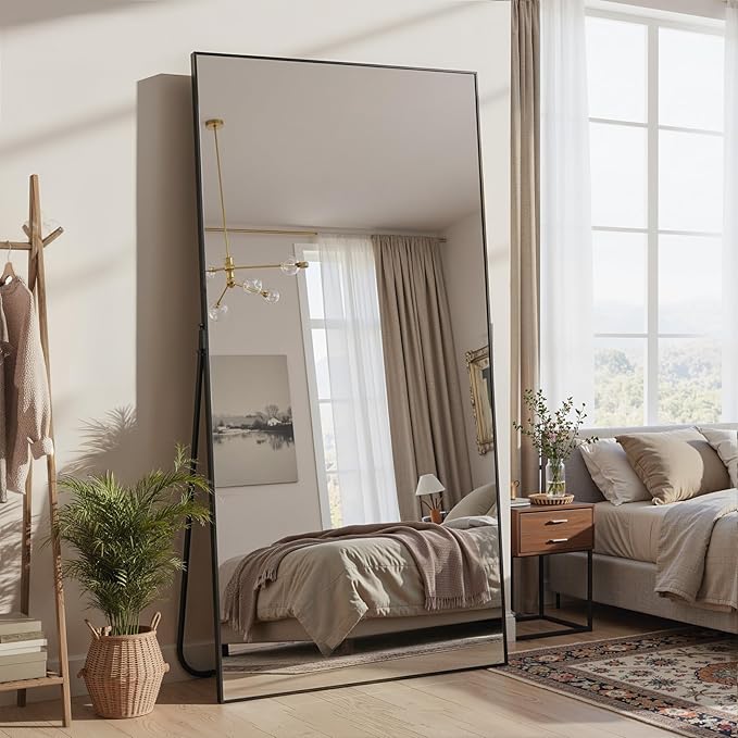 Full Length Mirror, 76"x34" Full Body Mirror, Floor Mirrors with Stand, Body Mirrors Standing Hanging Leaning Against Wall,Aluminum Frame Mirrors for Bedroom Cloakroom,Living Room,Black
