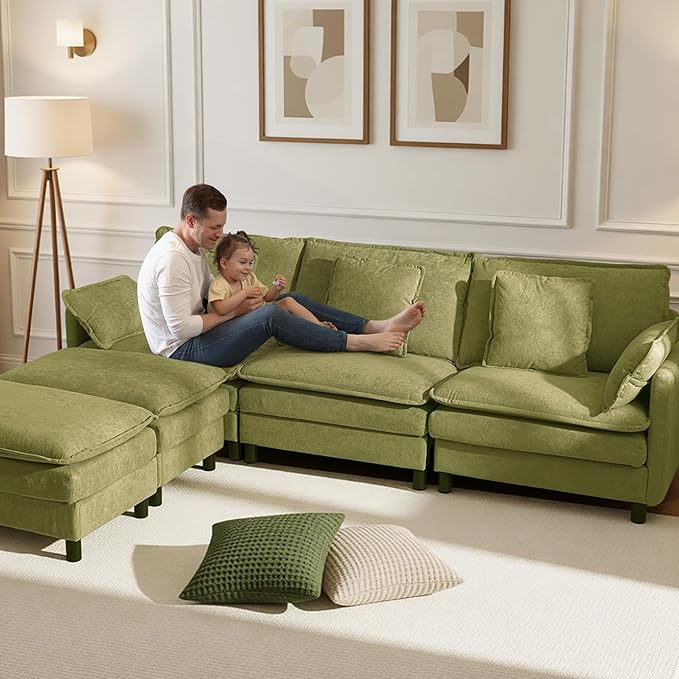 Claiks 148" Modular Sectional Sofa, Cloud Couch with Ottoman, U-Shaped 6-Seater Sofa in Chenille Fabric, Deep Seat Comfy Couch with Pillows for Living Room & Offices, Green