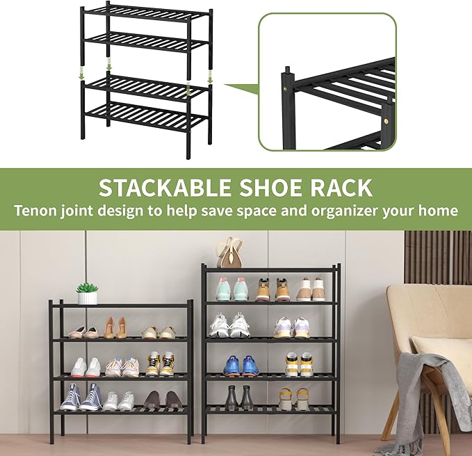 4 Tier Bamboo Shoe Rack for Closet Free Standing Wood Shoe Shelf for Entryway Small Space Stackable 27"x11"x26" (Black)