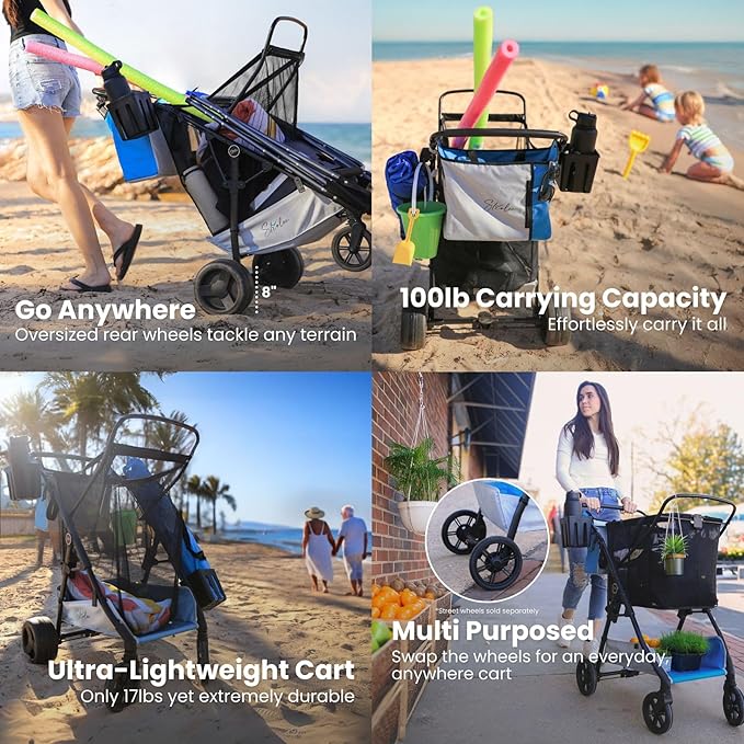 Strolee Large Wheeled Collapsible Beach Cart for Soft Sand, Shopping, Camping & Garden- Lightweight Aluminum Frame- Removable Storage Bag with Carrying Straps, X-L Capacity & Cooler Rack Dark Grey