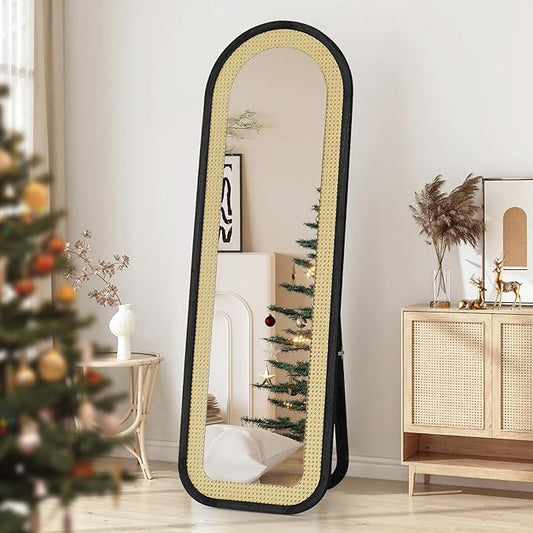 Arched Full Length Mirror with Solid Wood Frame & Rattan Panel, 64"x21" Rustic Wall Mounted Floor Mirror - Free Standing, Leaning Against Wall, Wall-Mounted for Bedroom Living Room (Black)