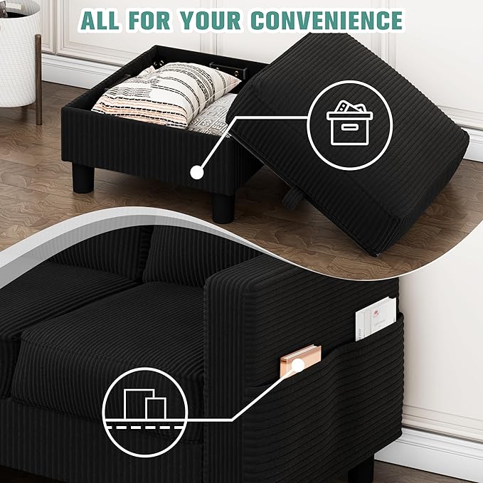 SUNLEI Convertible Sectional Couch Sofa for Small Spaces, L Shaped Modular Sofa with Removable Ottoman Storage, 3 Seat Modern Small Couches for Living Room in Apartment, Black