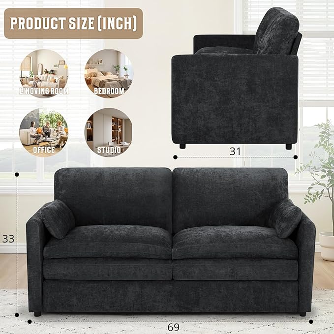 69" Chenille 2 Seats Sofa with 2 Pillows, Modern Upholstered Sofa with Deeper Seats, Comfy Sofa with Thickened Cushions for Living Room, Apartment, Black