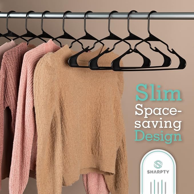 Sharpty Plastic Hangers, 35 Pack, Slim, Space Saving, Heavy Duty, Notched, Durable, Thick, Tough, Black