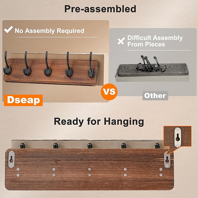 Dseap Coat Rack Wall: Patented, Heavy-Duty, 17.4" Long 5-Double-Hooks Wooden Wall Mounted Coat Rack Coat Hanger Hook Rail for Winter Coats Hat Jacket Clothing, White & Black