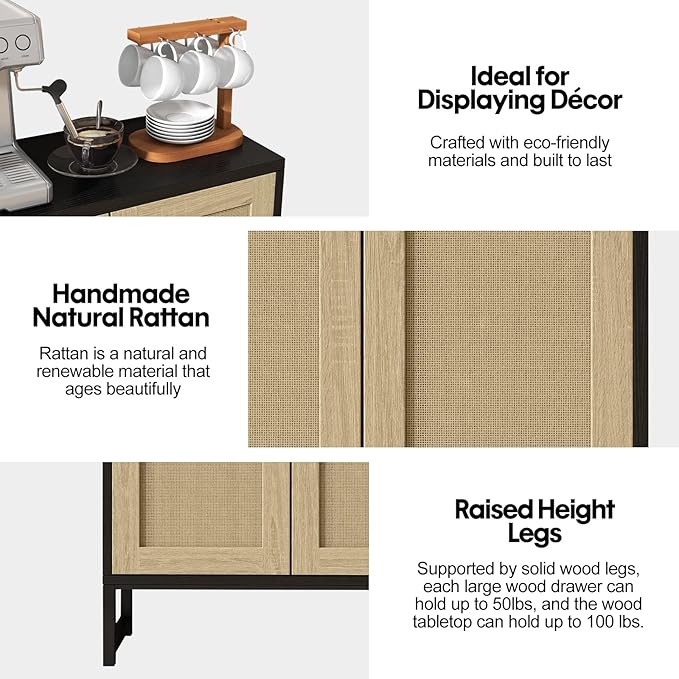 Panana Rattan Decorated 2 Doors Storage Cabinet Accent Cabinet Living Room Cupboard Kitchen Sideboard Buffet Table (Black)