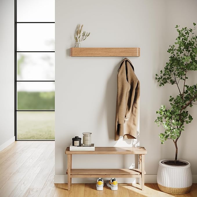 Kazai. Wall-Mounted Coat Rack 'Toke' - Modern Design Coat Rack with Hidden Wall Hooks - Solid Wood Veneer Panel Coat Hanger - Oak