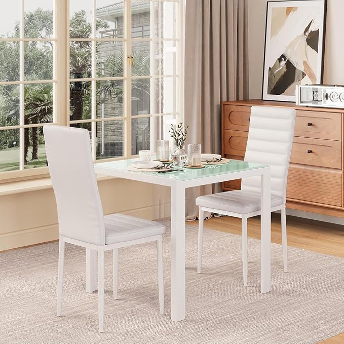 Gizoon 3 Piece Glass Dining Table Set, Kitchen and Chairs for 2, PU Leather Modern Room Sets for Home, Kitchen, Living Room