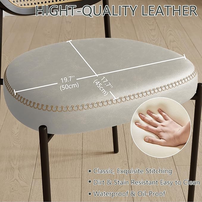 Rattan Dining Chairs Set of 4, Beige Leather Upholstered Dining Chairs with Rattan Cane Back, Mid Century Modern Dining Room Chairs with Black Metal Legs & D-Shaped Thicken Cushion, Beige