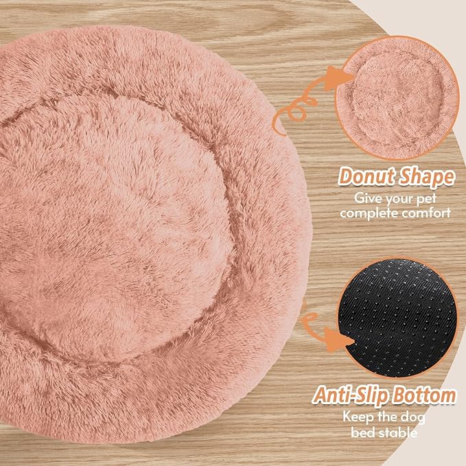 JOLLYVOGUE Calming Dog & Cat Bed for Small Dogs, Anti-Anxiety Donut Cuddler Cozy Soft Round Bed with Anti-Slip Bottom, Fluffy Faux Fur Plush Cushion Beds for Small Medium Pets (23")