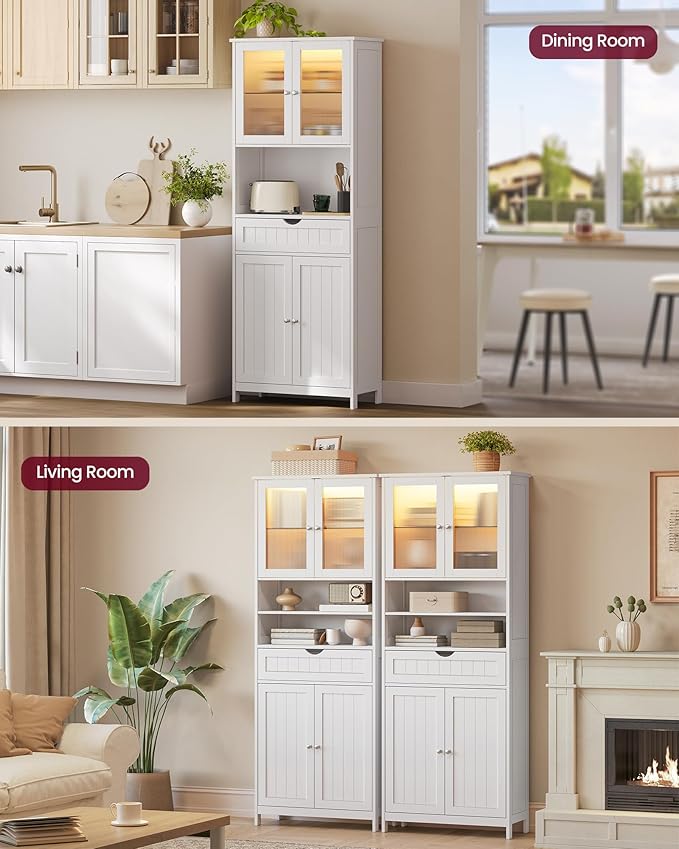 VASAGLE Storage Cabinet with LED Lights, Freestanding Storage Unit with Adjustable Shelves, Drawer, Open Compartments, for Bathroom, Living Room, Kitchen, Cloud White UBBC767WH01S