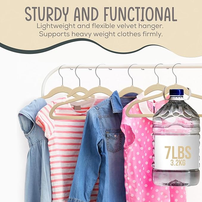 50 Premium Kids Velvet Hangers - 14" Non-Slip Clothes Hangers for Kids & Preteens - Ultra Slim, Space-Saving, Strong & Durable Hangers with 360° Swivel Hook - Ivory