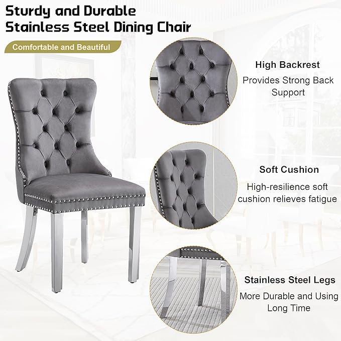 7-Piece Dining Table Set for 6, Faux Marble Dining Table Set with 70'' Marble Dinner Table and 6 Velvet Wing Back Chairs for Kitchen, Dining Room, Gray & Silver