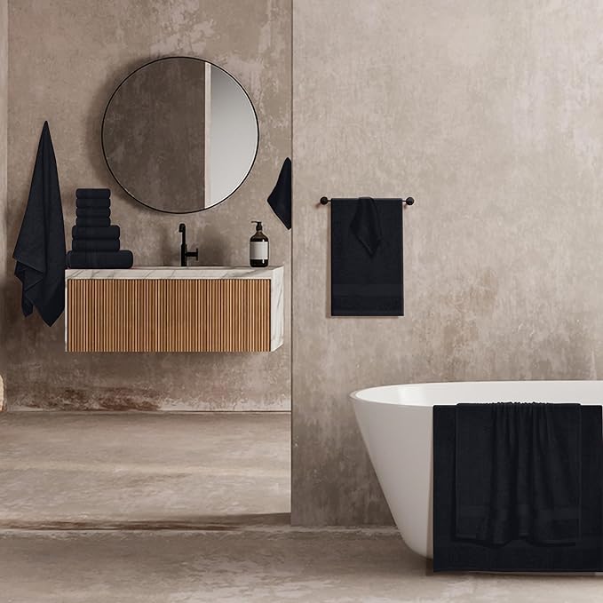 BOUTIQUO 24 Pack Cotton Towel Set, Contains 6 Bath Towels 27x54 inch, 6 Hand Towels 16x24 inch & 12 Wash Coths 12x12 inch, Ideal Everyday use, Ultra Soft Compact & Lightweight - Black