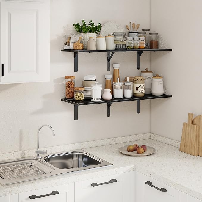 36 Inch Black Floating Shelves Wall Mounted, 12 Inch Deep Wall Shelves with Visible Brackets, Deep Bookshelf for Home, Rustic Bathroom Shelf, Deep Shelves for Plant, Books, Set of 2