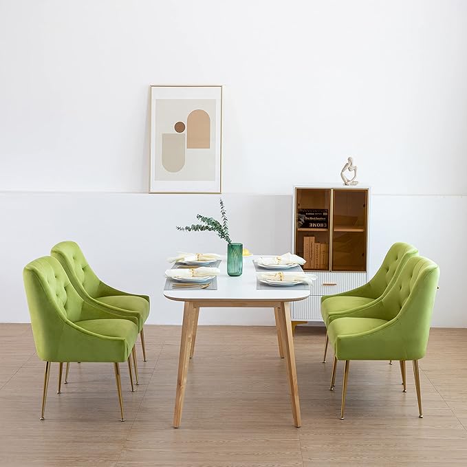 Modern Dining Chair Set of 2, Mid-Century Room Chair, Upholstered Comfortable Velvet with Back Pull Rod and Metal Legs for Kitchen, Living (Yellow-Green), (DYXSD)