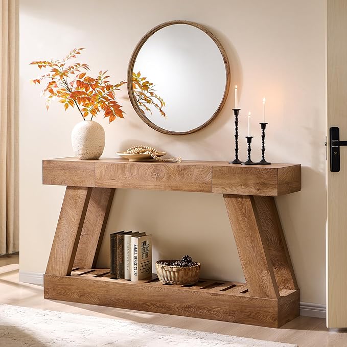 60" Farmhouse Entryway Table with Drawer, Wooden Hallway Foyer Table with Heavy Duty Base, Sofa Table for Living Room(Light Knotty Oak)