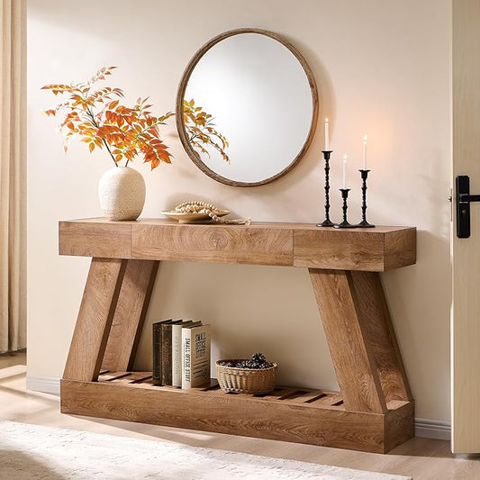 60" Farmhouse Entryway Table with Drawer, Wooden Hallway Foyer Table with Heavy Duty Base, Sofa Table for Living Room(Light Knotty Oak)