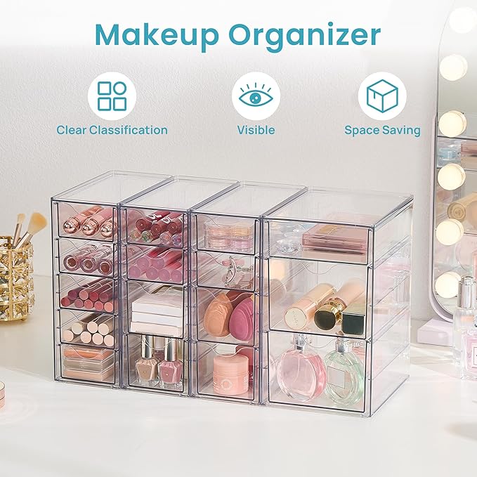 Vtopmart 4 Set Clear Desk Organizer, Pen Organizer with 16 Drawers, Acrylic Desktop Organization and Storage for Office Supplies, Pen, Makeup, Art Craft, Jewelry
