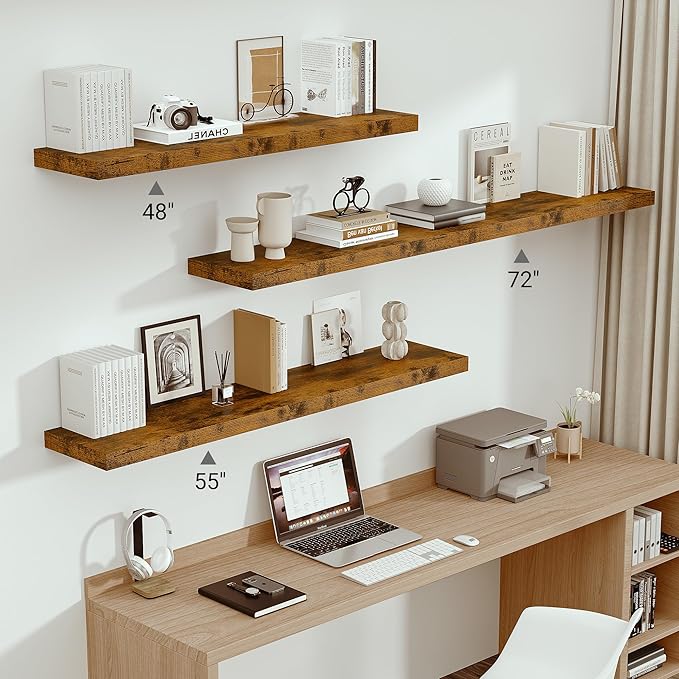 Vivelove 12 Inch Deep Floating Shelves 72 inch Long, 72 x 12 Wide Wall Shelves with Invisible Brackets, for Bedroom Bathroom Living Room Kitchen Office, Farmhouse Home Decor, Set of 1, Rustic Brown