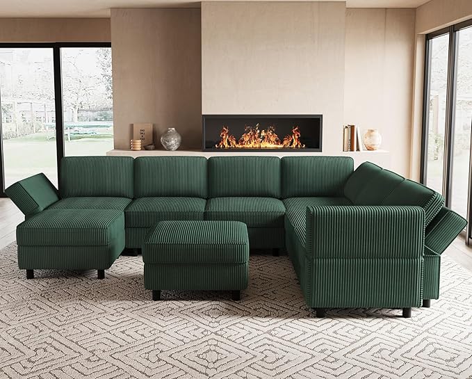 114.2" Modular Sectional Sofa with Deep Storage Seat,Corduroy U Shaped Sofa Couch Set,7 Seat Modular Couch with Movable Ottoman Chaise,Upholstered Sectional Couches for Living Room,Green