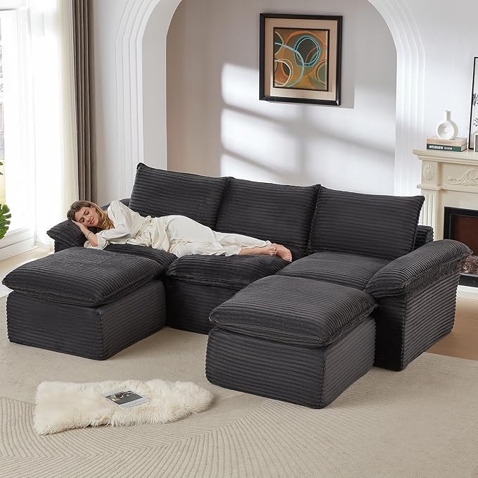 113.03" Sectional Couches for Living Room Modern Modular Sofa with U-Shape Couchs Upholstered Corduroy Boneless Couch Deep Seat Cloud Couch with Ottoman, No Assembly Required, Dark Gray