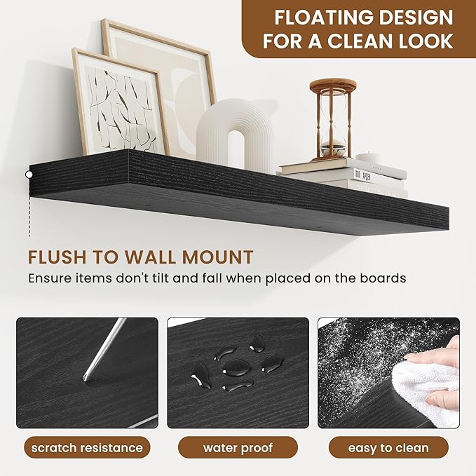 fuqing Floating Shelves for Wall, Wall Mounted Wood Floating Shelf with Invisible Brackets for Living Room, Bathroom, Bedroom, Kitchen Storage and Decor, 32 Inch Set of 2, Black