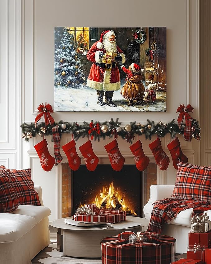 Vintage Santa Claus Christmas Canvas Wall Art - Festive Holiday Painting for Living Room,Bedroom & Bathroom, Cozy Winter Decor Framed Print, Perfect Christmas Gifts & Home Decoration