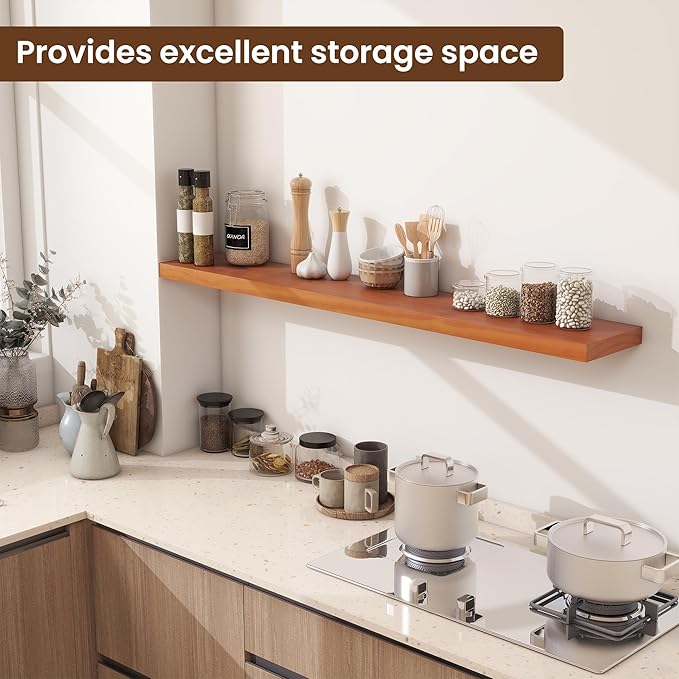 Vivelove Solid Wood Floating Shelves 48 Inches Long, 8”Deep x 1.4” Thick Wall Shelves for Bathroom, Living Room, Kitchen, Bedroom, Office, Rustic Farmhouse Home Decor, Set of 1 - Honey Oak