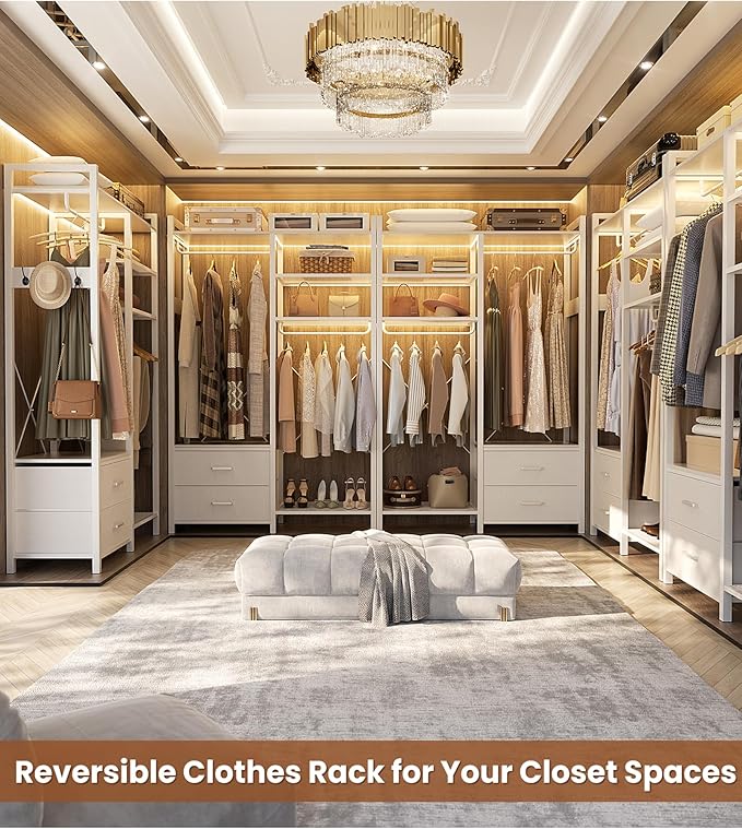 78.7'' Clothes Rack for Hanging Clothes - Reversible Clothing Rack with 2 Drawers, Heavy Duty Garment Racks with Shelves, 6 Tiers Freestanding Portable Closet Wardrobe System with Hanging Hooks, White