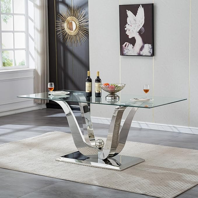 70" Modern Silver Glass Dining Table Set for 6, 7-Piece Rectangle Kitchen Dining Room Table Set with Steel Base & 6 Beige Velvet Upholstered Chairs, Modern Glass Kitchen Table and Chairs Set of 6