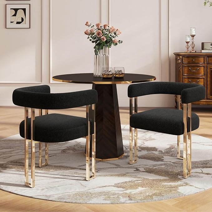 Set of 2 Modern Black Boucle Dining Chairs with Gold Metal Legs, Mid Century Accent Upholstered Barrel Armchairs with Open-Back for Kitchen, Dining Room, Living Room, Apartment