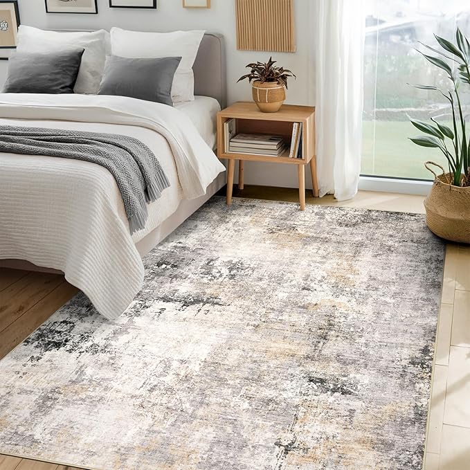 Area Rug Living Room Rugs - 5x7 Modern Abstract Soft Indoor Neutral Washable Rug Stain Resistant Non-Slip Low Pile Carpet for Bedroom Dining Room Home Office - Charcoal Grey