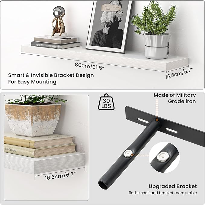 Heimlove Floating Shelves for Wall 32 Inch,Mounted Storage Wood Shelves with Invisible Brackets Hanging Shelf for Bedroom Living Room Kitchen Office,Set of 2,White