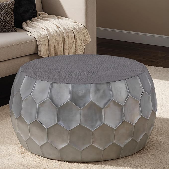 CT101 Modern Contemporary Round Aluminum Material 32" Coffee Table, Farmhouse Table with Glossy Diamond-Patterned Base Antique Silver