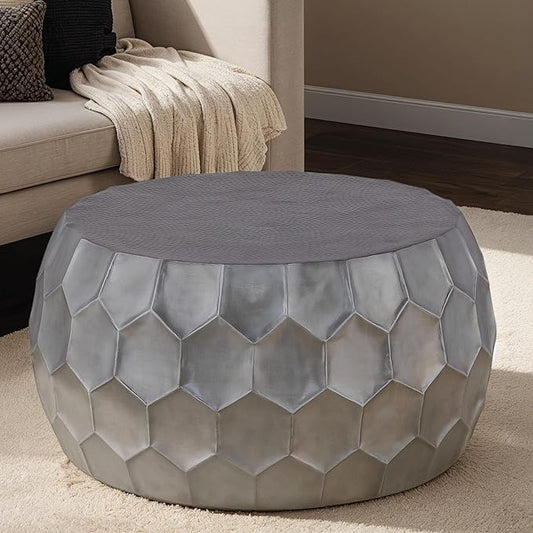 CT101 Modern Contemporary Round Aluminum Material 32" Coffee Table, Farmhouse Table with Glossy Diamond-Patterned Base Antique Silver