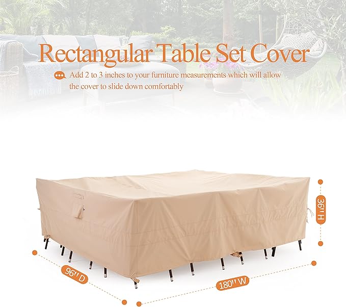 WJ-X3 Extra Large Patio Furniture Set Covers Waterproof, Outdoor Table Cover Heavy Duty, Lawn Sectional Set Cover Anti-Fading, High Wind Resistant, Anti-UV, 180W x 96D x 36H Inches, Beige