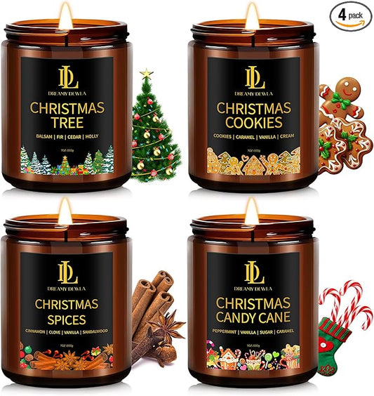 Christmas Candle Set, Scented Candle for Holiday, 4 Pack Soy Candles for Home Scented, Christmas Holiday Candle Gifts for Women Men, Scents of Christmas Tree/Cookies/Spices/Candy Cane