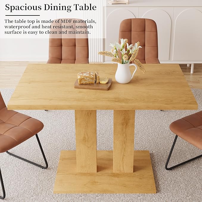 Dining Table Set for 4-6 People, 46 Inch Modern MDF Oak Kitchen Table with 4 Faux Leather Chairs, Rectangular Dining Room Table Set for Home, Small Spaces, Breakfast Nook (Oak Table + 4 Brown Chairs)
