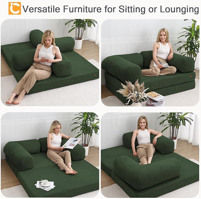 COMAX 4‑in‑1 Futon Sofa Bed Queen – Floor Foldable Convertible Sofa Couch with L‑Shaped Armrests, Removable Cover, Green Convertible Guest Bed | Space‑Saving Fold‑Out Mattress Lounge for Living Room